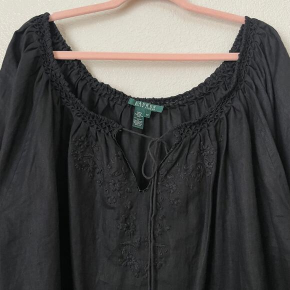Lauren Ralph Lauren Top Womens 3X Black Linen Floral Embroidered Tunic Boho - Picture 4 of 11